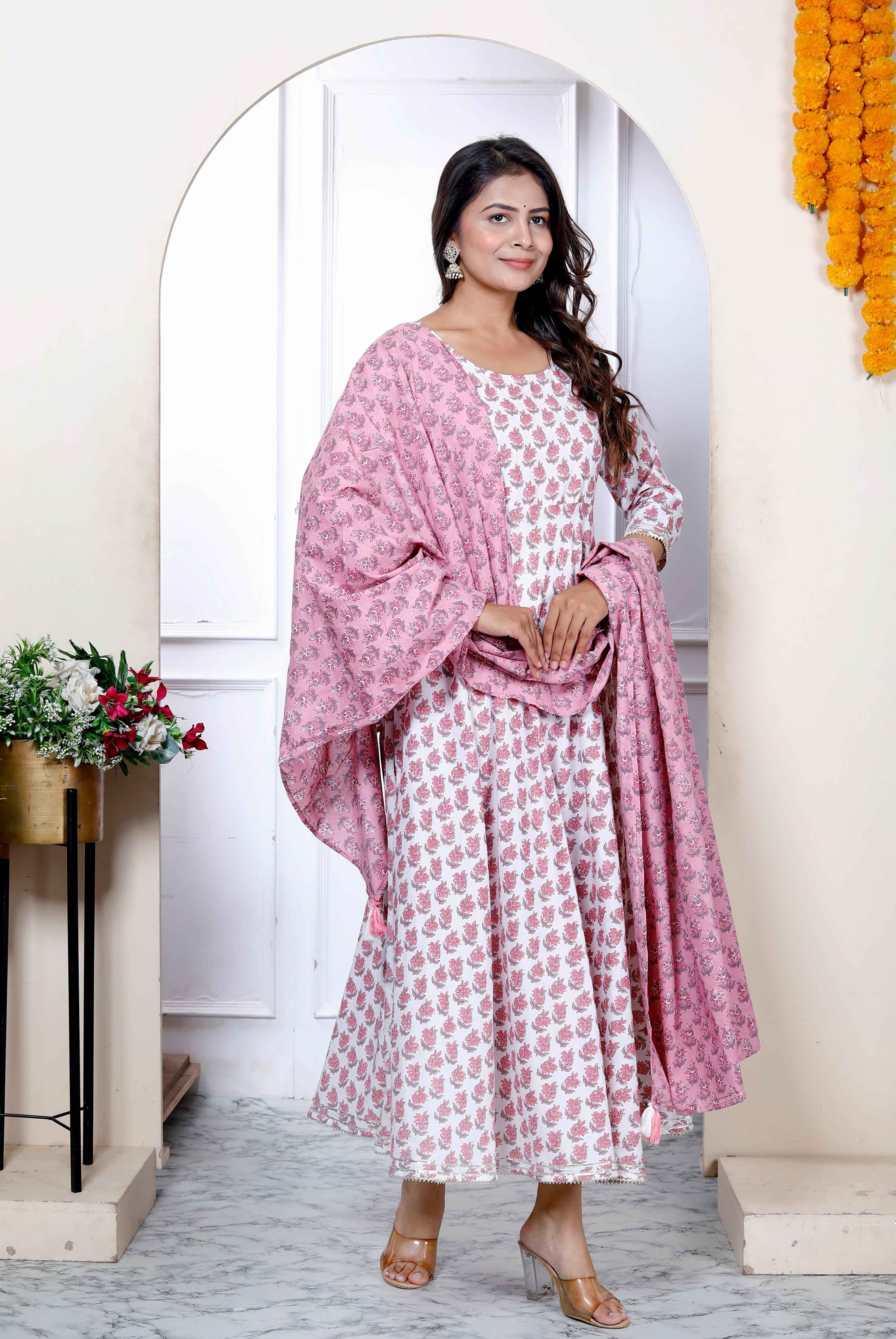 Pink Floral Cotton Anarkali Kurta with Dupatta Set